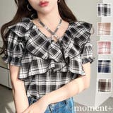 クロスリボンフリルカラー半袖チェックブラウス | moment+ | 詳細画像1 