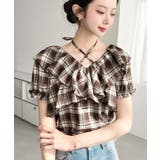 クロスリボンフリルカラー半袖チェックブラウス | moment+ | 詳細画像13 