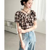 クロスリボンフリルカラー半袖チェックブラウス | moment+ | 詳細画像14 