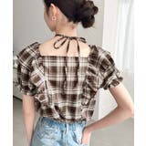 クロスリボンフリルカラー半袖チェックブラウス | moment+ | 詳細画像15 