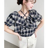 クロスリボンフリルカラー半袖チェックブラウス | moment+ | 詳細画像17 