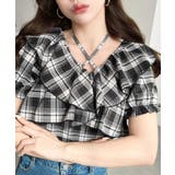 クロスリボンフリルカラー半袖チェックブラウス | moment+ | 詳細画像21 