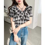 クロスリボンフリルカラー半袖チェックブラウス | moment+ | 詳細画像25 