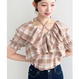 クロスリボンフリルカラー半袖チェックブラウス | moment+ | 詳細画像3 