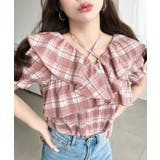 クロスリボンフリルカラー半袖チェックブラウス | moment+ | 詳細画像8 