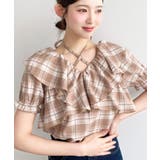 ベージュ | クロスリボンフリルカラー半袖チェックブラウス | moment+