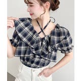 ネイビー | クロスリボンフリルカラー半袖チェックブラウス | moment+