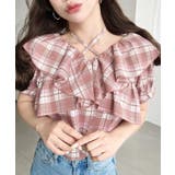 ピンク | クロスリボンフリルカラー半袖チェックブラウス | moment+