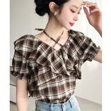 ブラウン | クロスリボンフリルカラー半袖チェックブラウス | moment+