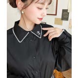 ブラック | 衿ワンポイント刺繍ピコレース長袖ブラウス | moment+