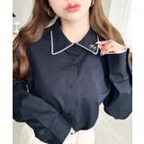 ネイビー | 衿ワンポイント刺繍ピコレース長袖ブラウス | moment+