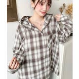 ベージュ | フード付き長袖チェックシャツ | moment+