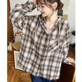 ブラウン | フード付き長袖チェックシャツ | moment+