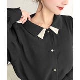 ブラック | シフォンジョーゼット配色ダブルカラー長袖ブラウス | moment+