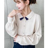 ライトベージュ | シフォンジョーゼット配色ダブルカラー長袖ブラウス | moment+