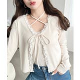 フロントリボンフリルレースカーディガン+クロスネックキャミソールアンサンブル | moment+ | 詳細画像2 