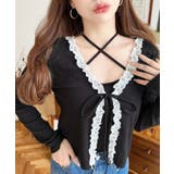 ブラック | フロントリボンフリルレースカーディガン+クロスネックキャミソールアンサンブル | moment+