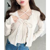 アイボリー | フロントリボンフリルレースカーディガン+クロスネックキャミソールアンサンブル | moment+