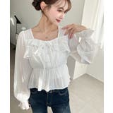 スクエアネック長袖ダブルフリルペプラムブラウス シアースモッキングライク | moment+ | 詳細画像2 