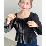 スクエアネック長袖ダブルフリルペプラムブラウス シアースモッキングライク | moment+ | 詳細画像24 