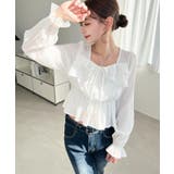 スクエアネック長袖ダブルフリルペプラムブラウス シアースモッキングライク | moment+ | 詳細画像3 