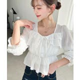 スクエアネック長袖ダブルフリルペプラムブラウス シアースモッキングライク | moment+ | 詳細画像4 