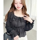 ブラック | スクエアネック長袖ダブルフリルペプラムブラウス シアースモッキングライク | moment+