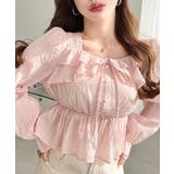 ピンク | スクエアネック長袖ダブルフリルペプラムブラウス シアースモッキングライク | moment+