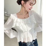 オフホワイト | スクエアネック長袖ダブルフリルペプラムブラウス シアースモッキングライク | moment+