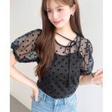 ブラック | インナーキャミ付きフロッキードットチュールバレエコアパフスリーブ半袖シアートップ… | moment+