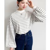 無地＆ボーダー モックネックボリュームスリーブロンT 綿100％ | moment+ | 詳細画像3 