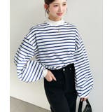 無地＆ボーダー モックネックボリュームスリーブロンT 綿100％ | moment+ | 詳細画像9 