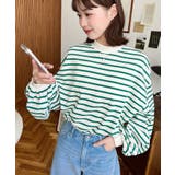 グリーン | 無地＆ボーダー モックネックボリュームスリーブロンT 綿100％ | moment+