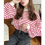 レッド | 無地＆ボーダー モックネックボリュームスリーブロンT 綿100％ | moment+