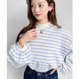 サックスブルー | 無地＆ボーダー モックネックボリュームスリーブロンT 綿100％ | moment+