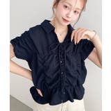 ネイビー | シャーリングスキッパーシャツ | moment+