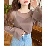 ブラウン | インナーキャミ付き長袖メロウ楊柳シアーブラウス | moment+