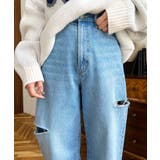 サックスブルー | ヘビーツイル&デニムダメージストレートパンツ | moment+