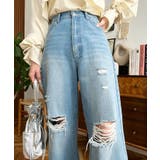 サックスブルー | クラッシュダメージデニムパンツ | moment+