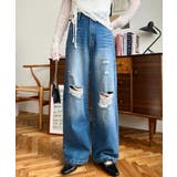 ブルー | クラッシュダメージデニムパンツ | moment+