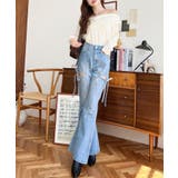 デニム&ツイルカットアウトリボンフレアパンツ | moment+ | 詳細画像36