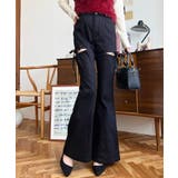 ブラック | デニム&ツイルカットアウトリボンフレアパンツ | moment+