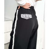 ブラック | サイドレースハイウエストツータックセミワイドスラックスパンツ | moment+