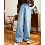 サックスブルー | デニム＆ツイルハイウェストストレートパンツ | moment+