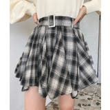 ブラック | ベルト付きアシメヘムタックプリーツチェック柄ミニスカート | moment+