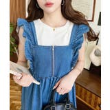 ブルー | デニムフロントジップショルダーフリルティアードワンピース ライトオンス | moment+