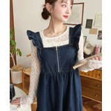 インディゴブルー | デニムフロントジップショルダーフリルティアードワンピース ライトオンス | moment+