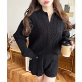 ブラック | 《セットアップ》ケーブル編みポロ&ショートパンツセットアップニット | moment+