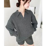 チャコールグレー | 《セットアップ》ケーブル編みポロ&ショートパンツセットアップニット | moment+