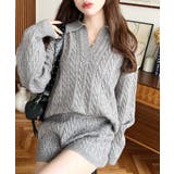 グレー | 《セットアップ》ケーブル編みポロ&ショートパンツセットアップニット | moment+